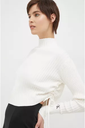 Calvin Klein Kobieta Bawełniane - Sweter bawełniany kolor biały lekki z półgolfem