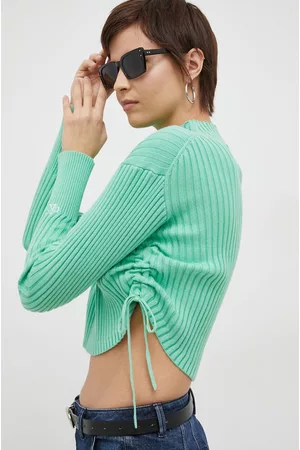 Calvin Klein Kobieta Bawełniane - Sweter bawełniany kolor zielony lekki z półgolfem