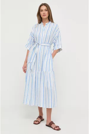 HUGO BOSS Sukienka lniana kolor niebieski midi oversize