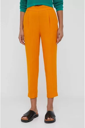 Sisley Kobieta Eleganckie - Spodnie lniane kolor pomarańczowy fason cygaretki high waist