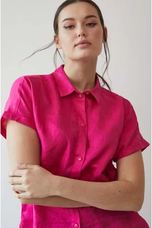 MEDICINE Kobieta Bluzki z Kołnierzykiem - Koszula lniana damska kolor różowy regular z kołnierzykiem klasycznym