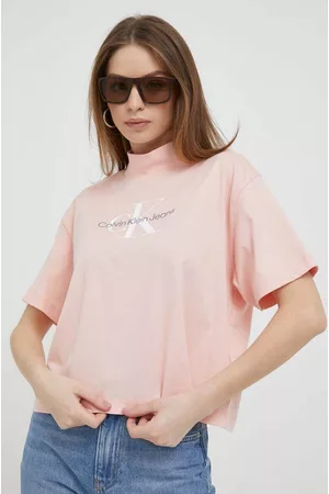 Calvin Klein Kobieta Bawełniane - T-shirt bawełniany kolor różowy z półgolfem