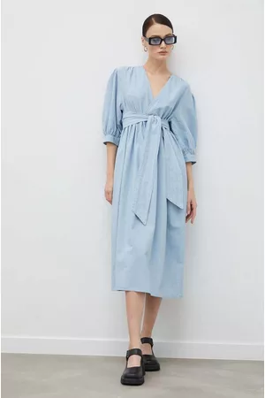 2nd Day Kobieta Oversize - Sukienka bawełniana kolor niebieski midi oversize