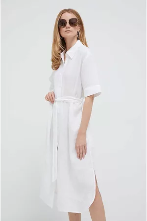 Benetton Kobieta Oversize - Sukienka lniana kolor biały midi oversize