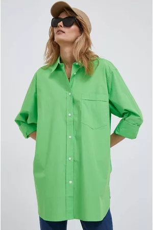 Tommy Hilfiger Kobieta Bluzki z Kołnierzykiem - Koszula bawełniana damska kolor zielony relaxed z kołnierzykiem klasycznym