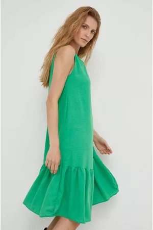 ANSWEAR Kobieta Oversize - Sukienka lniana kolor zielony midi oversize