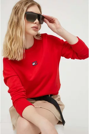 Tommy Hilfiger Kobieta Bluzy Bawełniane - Bluza bawełniana damska kolor czerwony gładka