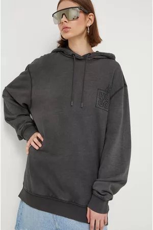 HUGO BOSS Kobieta Bluzy z Kapturem - Bluza bawełniana damska kolor czarny z kapturem z nadrukiem