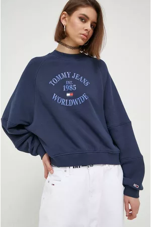 Tommy Hilfiger Kobieta Bluzy Bawełniane - Bluza bawełniana damska kolor granatowy z nadrukiem