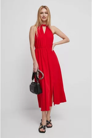 MEDICINE Kobieta Sukienki Midi - Sukienka z domieszką lnu kolor czerwony midi rozkloszowana