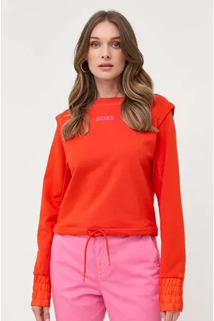 HUGO BOSS Kobieta Bluzy Bawełniane - Bluza bawełniana damska kolor pomarańczowy gładka