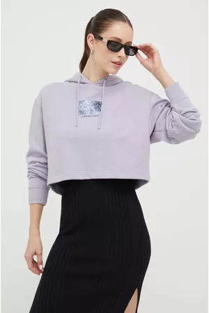 Calvin Klein Kobieta Bluzy z Kapturem - Bluza bawełniana damska kolor fioletowy z kapturem z nadrukiem