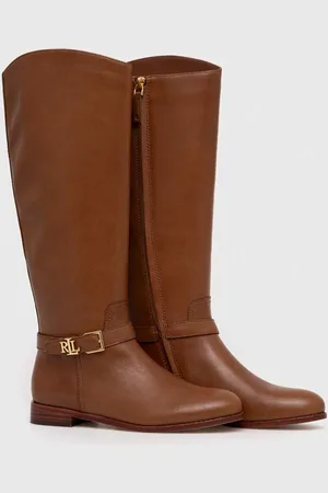 Ralph Lauren Kozaki skórzane Brooke Tall damskie kolor na płaskim obcasie 802937804002