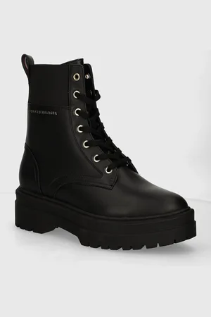 Tommy Hilfiger Botki LEATHER ELASTIC RIB LACEUP damskie kolor na płaskim obcasie FW0FW08440