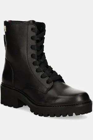 Tommy Hilfiger Workery skórzane CHIC MID HEEL LEATHER LACE-UP damskie kolor na płaskim obcasie FW0FW08305