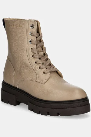 Tommy Hilfiger Botki skórzane BICOLOR LEATHER LACE-UP damskie kolor na płaskim obcasie FW0FW08160