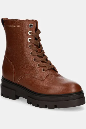 Tommy Hilfiger Botki skórzane BICOLOR LEATHER LACE-UP damskie kolor na płaskim obcasie FW0FW08160