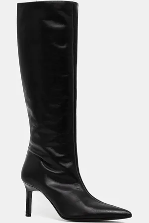 Calvin Klein Kozaki skórzane HEEL KNEE BOOT 70 LTH damskie kolor na szpilce HW0HW02162