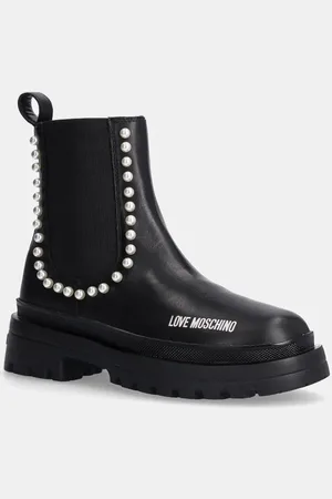 Moschino Botki skórzane damskie kolor na płaskim obcasie JA21065G0LIA0000