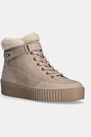 Tommy Hilfiger Botki zamszowe FAUX FUR NUBUCK LOW LACE-UP kolor na płaskim obcasie ocieplone FW0FW08172