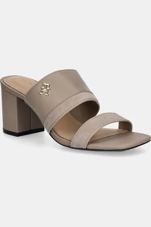 Tommy Hilfiger Klapki skórzane LEATHER & SUEDE BLOCK HEEL MULE damskie kolor na słupku FW0FW08530