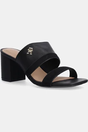 Tommy Hilfiger Klapki skórzane LEATHER & SUEDE BLOCK HEEL MULE damskie kolor na słupku FW0FW08530
