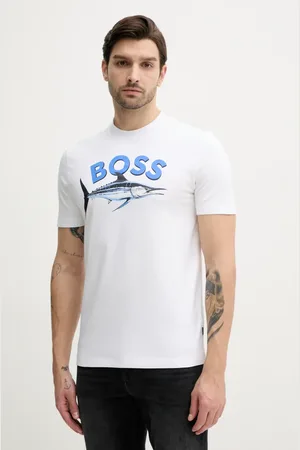 HUGO BOSS T-shirt bawełniany męski kolor beżowy z nadrukiem 50539196