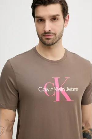 Calvin Klein T-shirt bawełniany męski kolor beżowy z nadrukiem LV040EM286