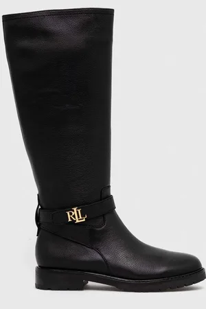 Ralph Lauren Kozaki skórzane Hallee damskie kolor na płaskim obcasie 802915444001