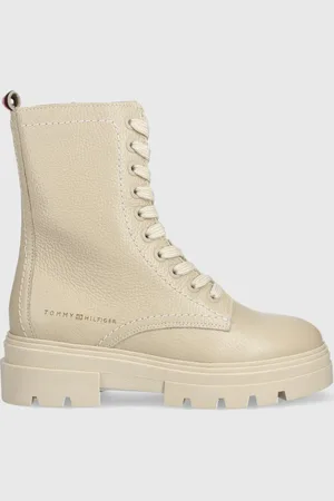 Tommy Hilfiger Workery skórzane Monochromatic Lace Up Boot damskie kolor na płaskim obcasie