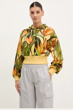 adidas Bluza bawełniana x Farm Rio damska kolor z kapturem wzorzysta JD6282