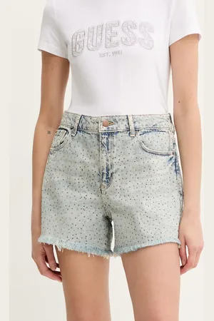 Guess Szorty jeansowe damskie kolor z aplikacją high waist W5GD74 D5LQ2