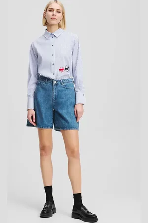 Karl Lagerfeld Szorty jeansowe bawełniane damskie kolor z nadrukiem high waist A2W10151