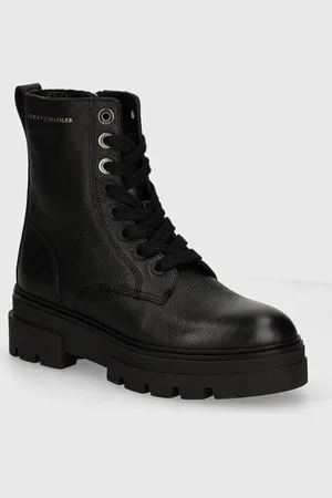Tommy Hilfiger Botki skórzane BICOLOR LEATHER LACE-UP damskie kolor na płaskim obcasie FW0FW08160