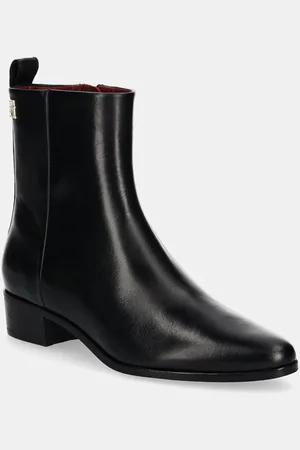 Tommy Hilfiger Botki skórzane LOW COWBOY FLAT LEATHER damskie kolor na płaskim obcasie FW0FW08103
