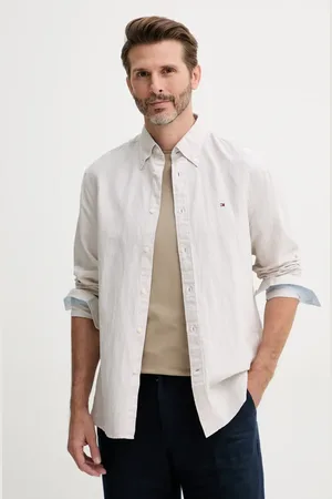 Tommy Hilfiger Koszula z domieszką lnu męska kolor regular z kołnierzykiem button-down MW0MW40704