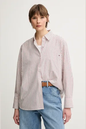 Tommy Hilfiger Koszula bawełniana damska kolor bordowy regular z kołnierzykiem klasycznym