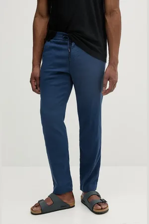 HUGO BOSS Spodnie lniane męskie kolor niebieski proste 50536881