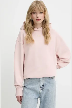 HUGO BOSS Bluza bawełniana damska kolor różowy z kapturem z aplikacją 50534815