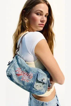 Bershka Jeansowa Torebka Na Ramię Z Nadrukiem
