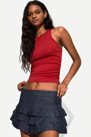 Bershka Jeansowa Spódnica Mini Z Falbanami