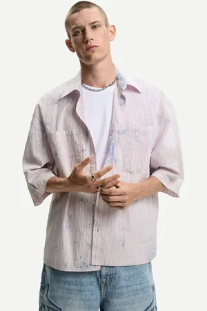 Bershka Koszula Oversize W Paski Z Krótkim Rękawem I Plamami Mężczyzna S