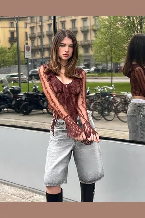 Bershka Koronkowy Top Z Długim Rękawem