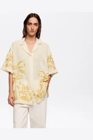 Bimba y Lola Koszula oversize w kolorze waniliowym z haftem i frędzlami