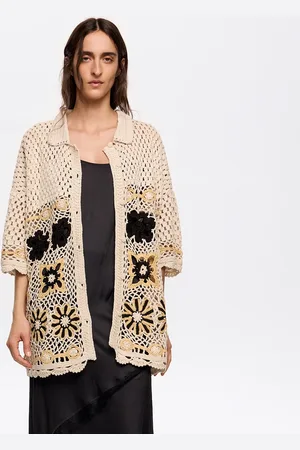 Bimba y Lola Beżowy kardigan oversize szydełkowy
