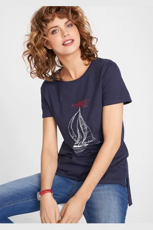 bonprix T-shirt bawełniany z rozcięciem z boku i nadrukiem