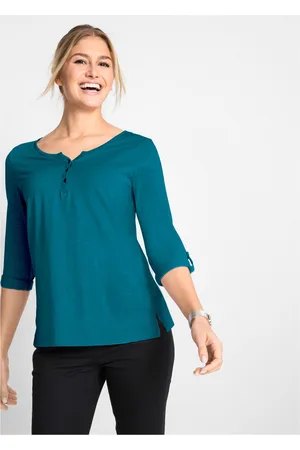 bonprix Lekki shirt bawełniany z plisą guzikową, długi rękaw