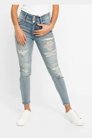 bonprix Dżinsy SKINNY z wysoką talią i ozdobnymi przetarciami