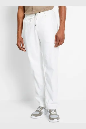 bonprix Spodnie chino z gumką, Loose Fit Straight, z materiału z domieszką lnu