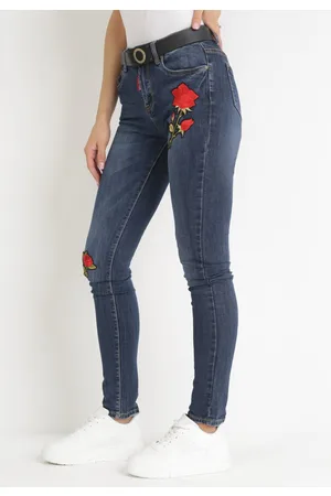 The Other Granatowe Jeansy Skinny z Kwiatowym Haftem Kehn